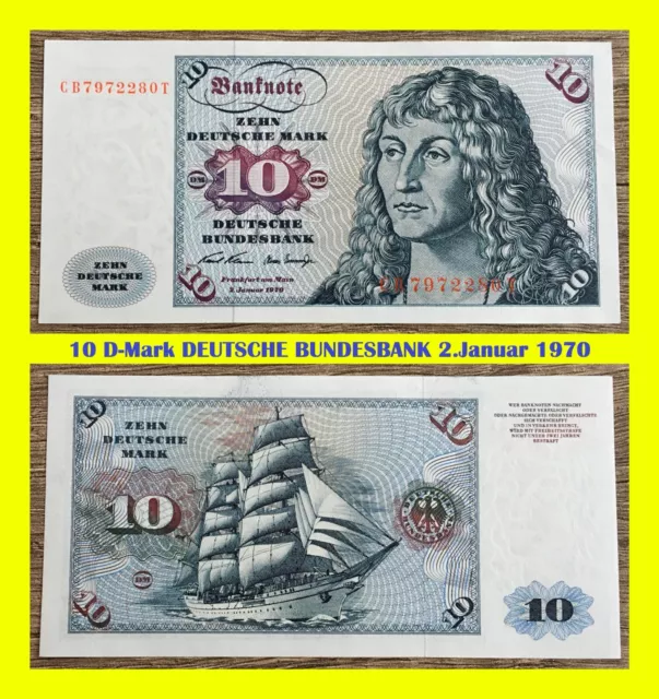 Ⓜ️ 10 Deutsche Mark ☘️ 2.Januar 1970 DM 💥 Schein Bundesbank 🍄 CB 7972280 T 🌐