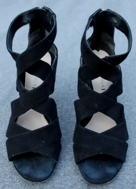 Via Spiga Black Suede Ankle Strap Sandal Heels Open Toe Size 8.5M Cutout Shoes