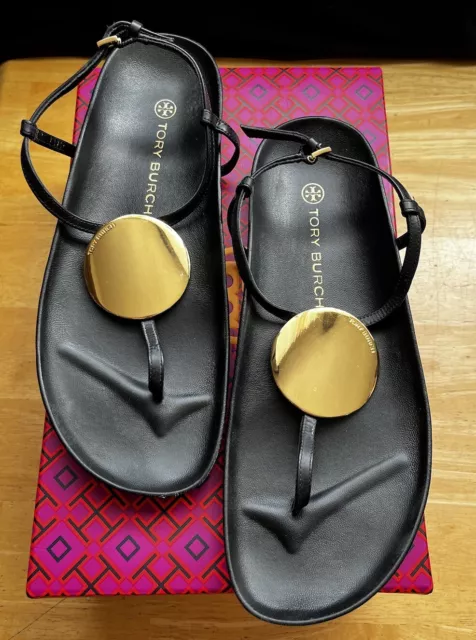 Tory Burch PATOS Thongs Sandals Cloud Leather Perfect Black Gold Disc-Sz 9-LKNU