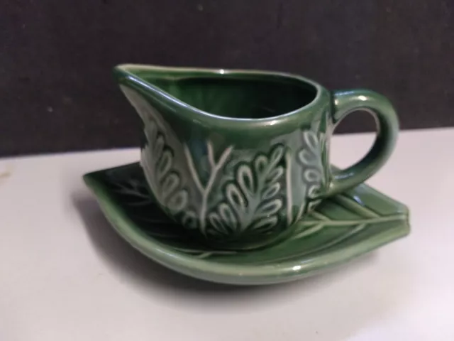 Vintage Portugal Secla Green Pottery Milk Jug With Underplate