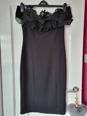 River Island  bnwt Black Bardot Lace Ruffle Bodycon Dress UK Size 12