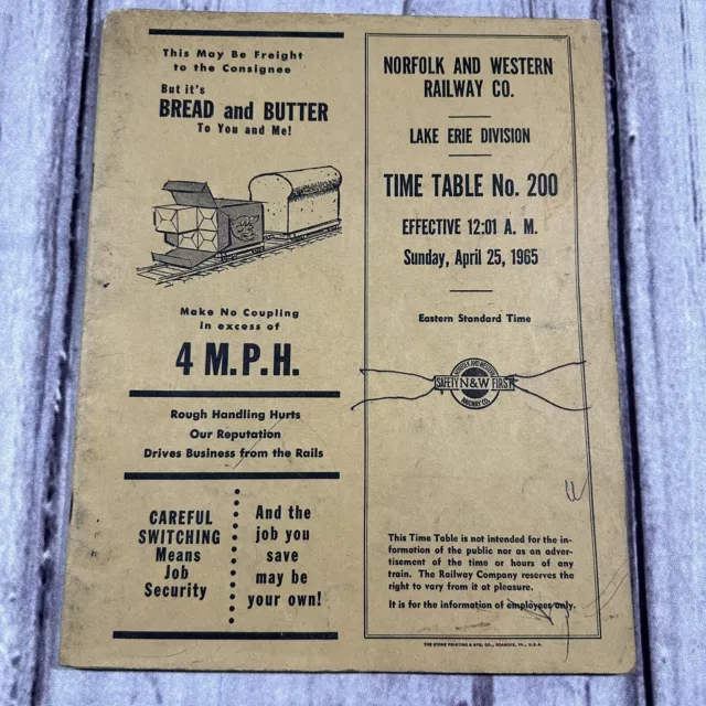 Vintage 1965 Norfolk & Western Railway Co Lake Erie Employee Timetable Railroad