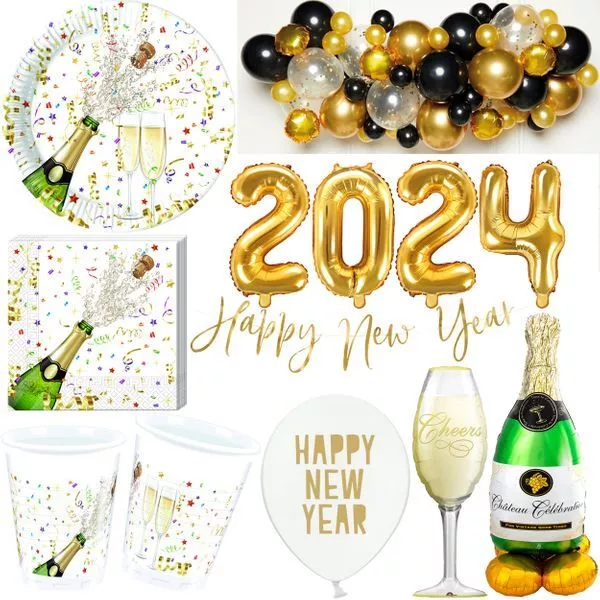 Argento Decorazione Party Set 2024 Champagne Compleanno Nuovo Anno Deco Oro