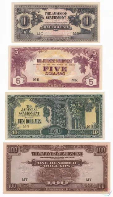 MALAYA 1 5 10 100 DOLLARS SET 4 PCS 1942-1945 P-M5c M6c M7b M8a WW II AU-UNC