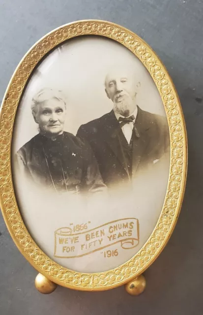 Antique Oval Ornate Brass Photo Frame, Photo of Couple,  Convex Glass, ball feet