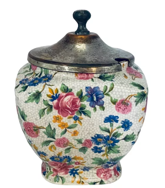 Royal Winton Grimwades England Old Cottage Chintz Jam Pot Silver on Copper Lid