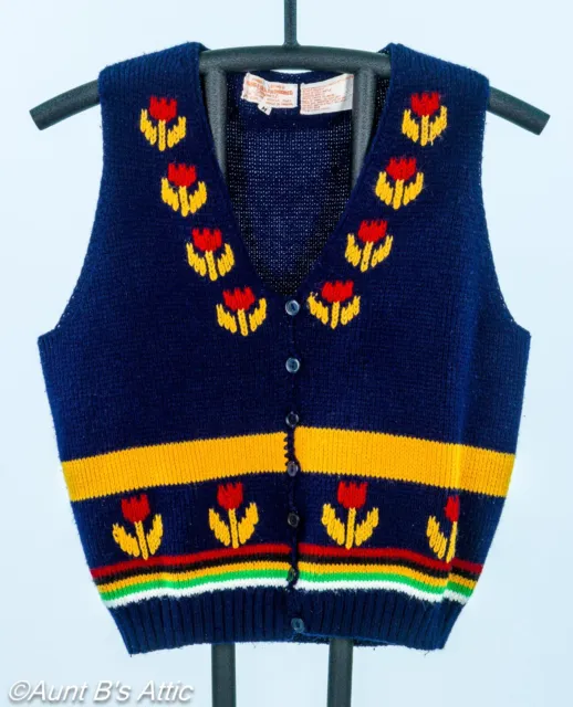 Vintage 60's Childs Hand Loomed Navy Bl Tulip Print Button Front Sweater Vest Md