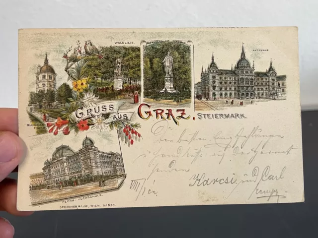 AK postkarte 1899 Steiermark Waldlilie,Tech. Hochschule, Rathaus koloriert/farbe