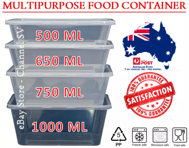 NEW Take away Containers Takeaway Food Plastic Lid Bulk 500ml 650ml 750ml 1000ml