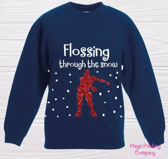 Boys CHRISTMAS JUMPER FLOSSING THROUGH THE SNOW Sweatshirt outfit Gift GIRL KIDS