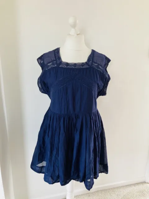 Whistles 14 Navy Blue Silk Cotton Smock Dress Peasant Folk Gypsy Boho Pockets