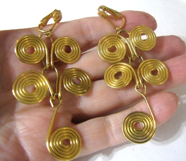 Vintage Egyptian Coil Dangle Earrings Wire Wrapped Spiral Link Goldtone 3"