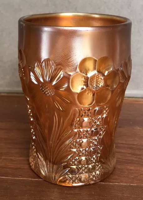 Marigold Carnival Glass Cosmos & Cane Tumbler