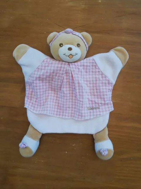 Doudou Ours Takinou Plat  Vichy Rose Marionnette Beige Carreaux