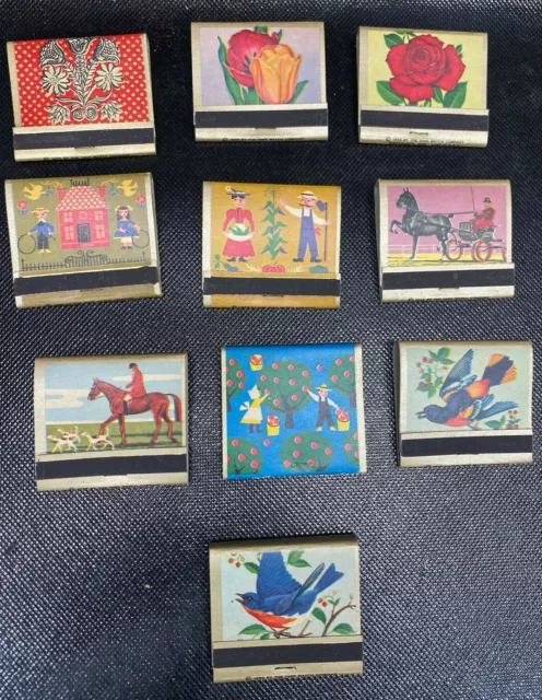 10 Vtg Ohio Blue Tip Matches Matchbooks Horse Birds Americana Flowers  Lot