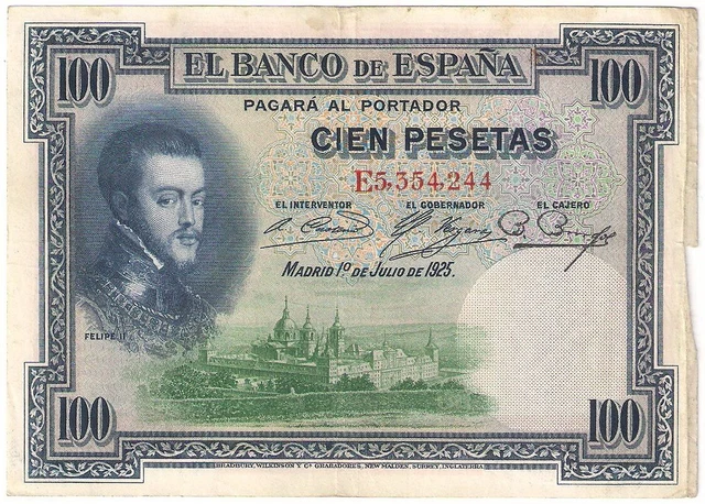 Spain banknote - 100 cien pesetas - year 1925 - King Philip II - free shipping