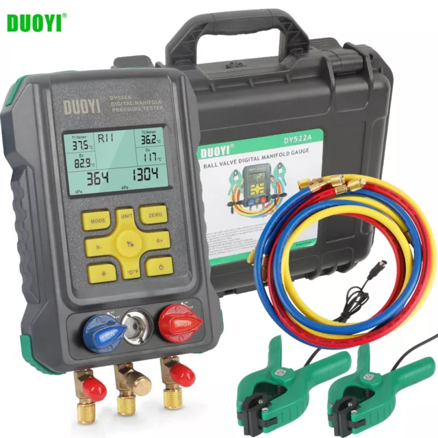 Refrigeration Digital Manifold Gauge Meter HVAC Pressure Temp Tester+Clip Hoses