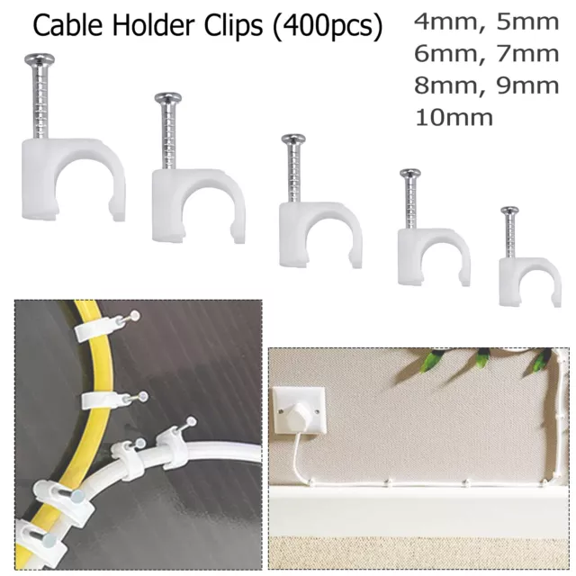 400pcs Round Cable Holder Clips Wall White Nail Plug Cord Wires in Various Sizes