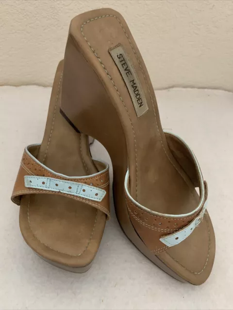 Steve Madden Bianka Leather platform Sandals Brown Blue Women's Size 6.5 Medium