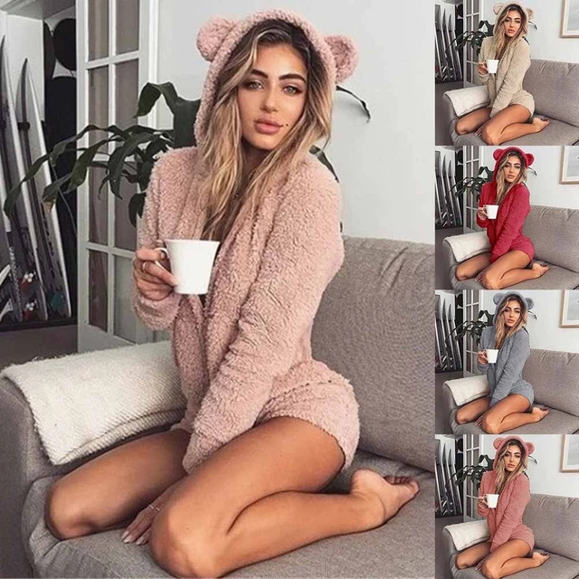Donna Tuta Vestiti con Cappuccio Manica Lunga Tutina Pigiama Pantaloncini Da