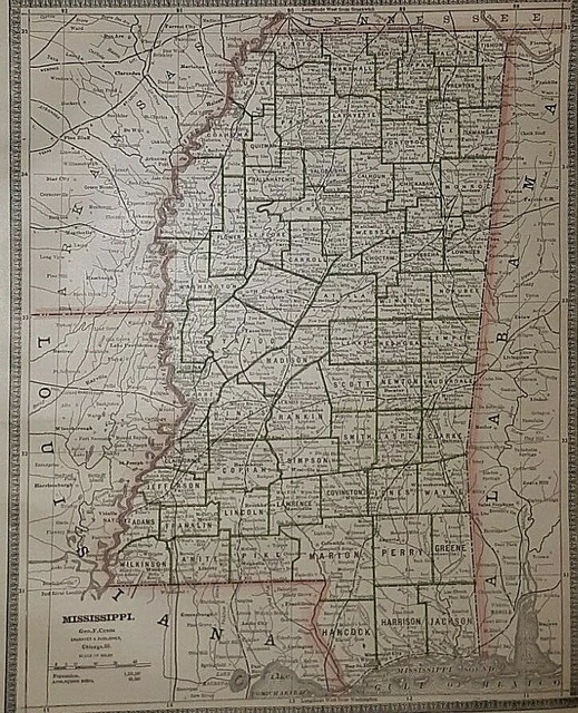 OLD ANTIQUE 1886 Railroad & County Map MISSISSIPPI Vintage Quick