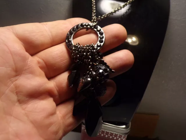 Vintage Beautiful Faux Black Onyx Crystals Penant Goth Long Necklace 30''