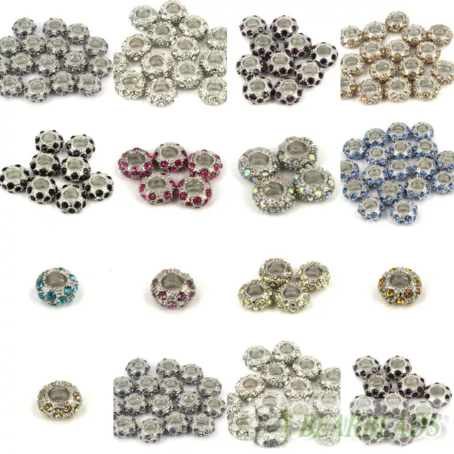 Big Hole Crystal Rhinestone Pave Pewter Rondelle Spacer Beads Fit European Charm