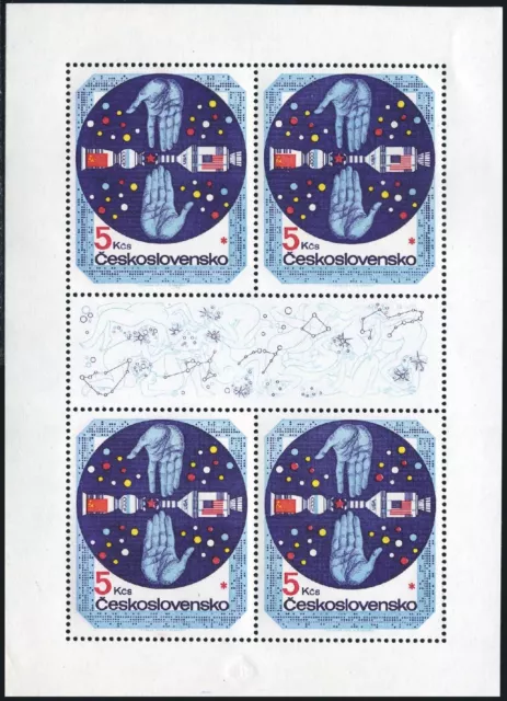 Czechoslovakia 2028a sheet, MNH. Mi 2282 klb. Space research,1975. Soyuz-Apollo.