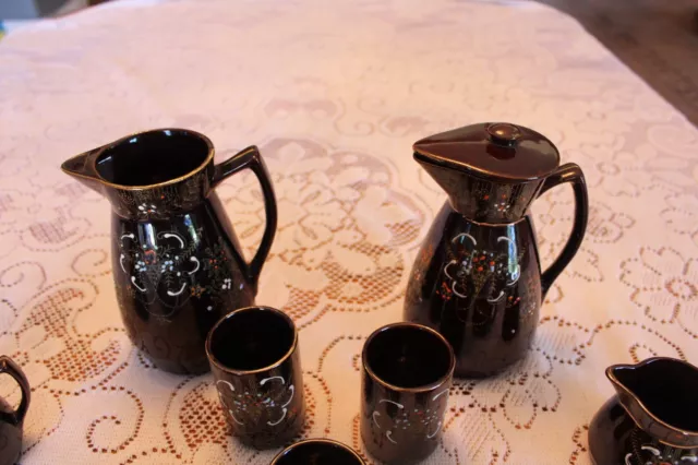 Brown Betty Redware Carafe Pitcher's & Cups Creamer & Sugar Bowls Hand Painted 3