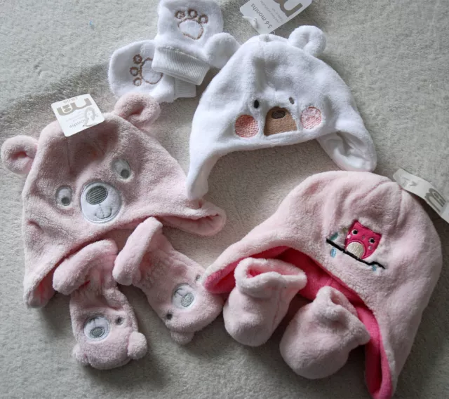 MOTHERCARE Baby Hat & Mittens SET Soft Fleece Warm Lined Bear / Owl up to 6month