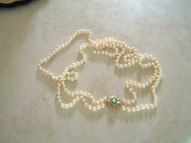 Double Strand Cultured Pearl Necklace with 14k and Turquoise Flower Clasp