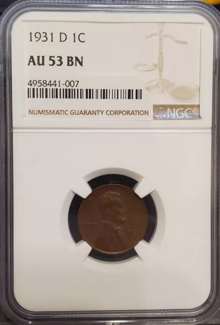 1931 D  Lincoln Head Cent  NGC  AU 53 BN   Beautiful Brown 30's Wheatie