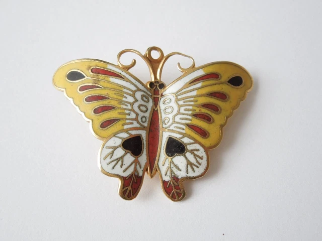 Broche Vintage Papillon émail Cloisonné - Couleurs Noir Et Beige, Or, état Impeccable