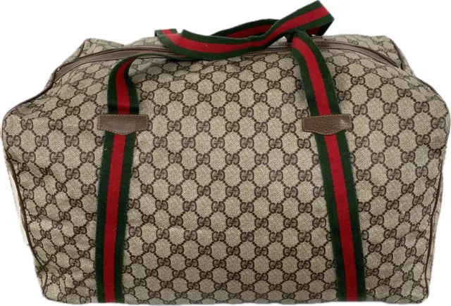 Gucci Vintage Large Duffle Travel Boston Logo Weekender Bag Red Green Stripe