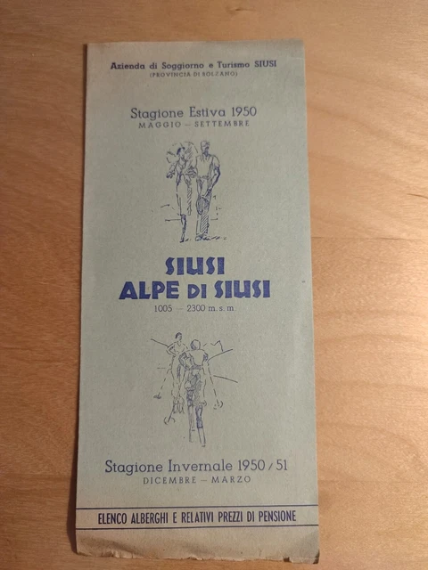 BOLZANO SIUSI ALPE DI SIUSI 1950/51 Elenco alberghi e relativi prezzi