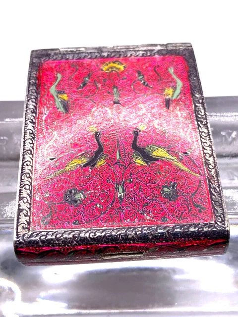 Antique Silver Enamel Asian Cigarette Match Holder Safe Peacocks