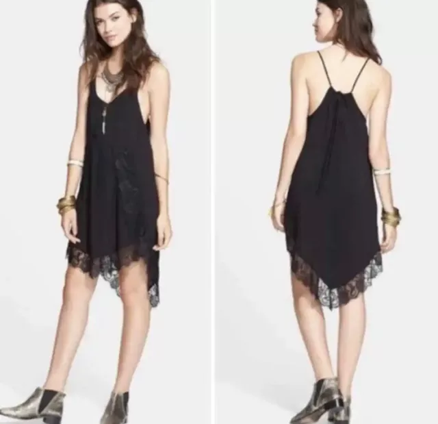 FREE PEOPLE INTIMATELY Eyelashes Lace Trim Slip Dress Womens Small Black Halter