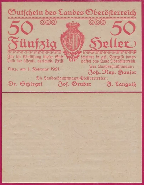 AUSTRIA,FEDERAL STATE OF UPPER AUSTRIA 50 HELLER 1921 UNC  Light red letters wit