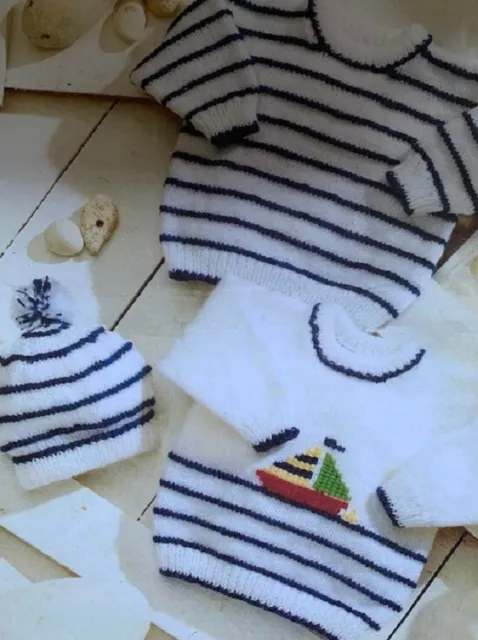 Motif Tricot Pull Et Chapeau Bébé Avec Thème Nautique En Dk 12-24 Ins