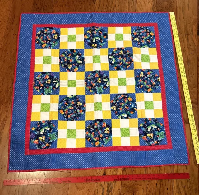 Baby Quilt Handmade Dragonflies Patchwork Squares Primary Colors 36” Square EUC