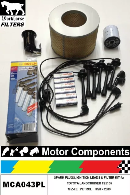 SPARK PLUGS, LEADS & FILTER KIT Air Oil Fuel for LANDCRUISER FZJ105  1FZ-FE 93>0