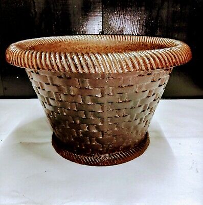 Antique Cast Iron Planter Basket Weave Garden Urn Flower Pot French Jardiniere