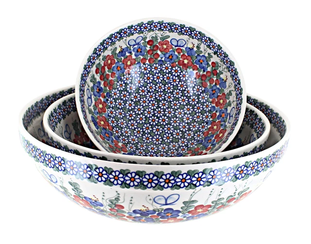 Blue Rose Polish Pottery Garden Butterfly 3 Piece Serving Bowl Set