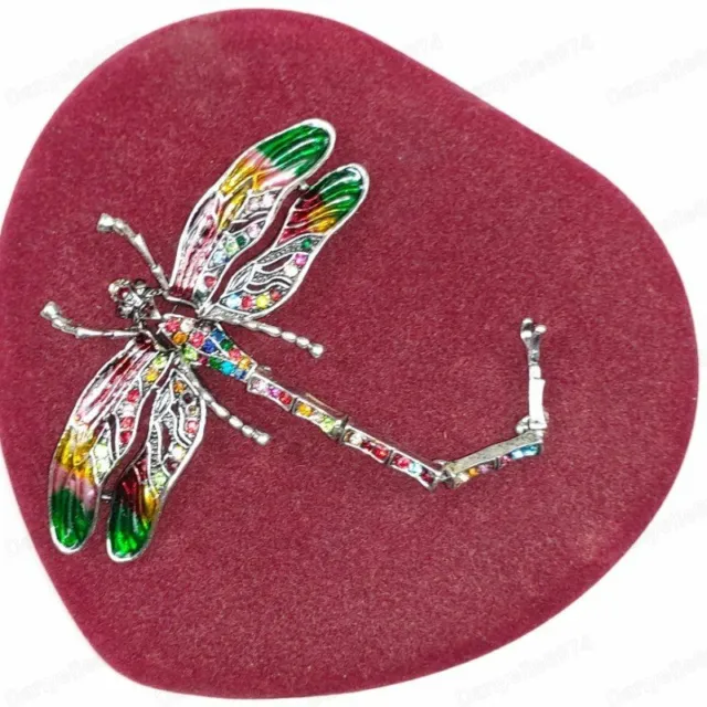 ARTICULATED DRAGONFLY PIN crystal MULTI ENAMEL vintage style BROOCH art nouveau