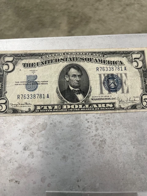 1934 D Five DOLLAR SILVER CERTIFICATE $5 Note Bill NICE