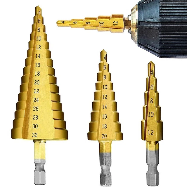 3x Straight Grooved Step Drill Bit Power Tools 4-12/4-20/4-32mm Hex Shank Drive