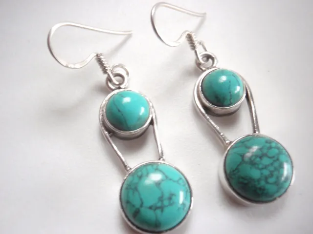 Simulated Turquoise Round Double-Gem 925 Sterling Silver Dangle Earrings