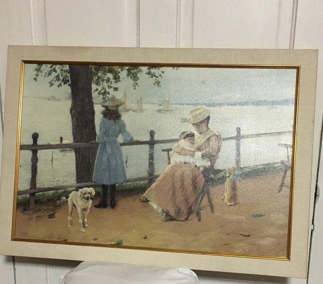 William M Chase Vintage Oil Painting Afternoon By The Sea Ocean Family Children