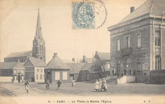 Cpa 59 Auby La Place La Mairie L'eglise