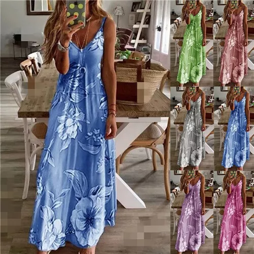 Womens Summer Floral Long Dress Ladies Boho Beach Holiday Maxi Dresses Sundress